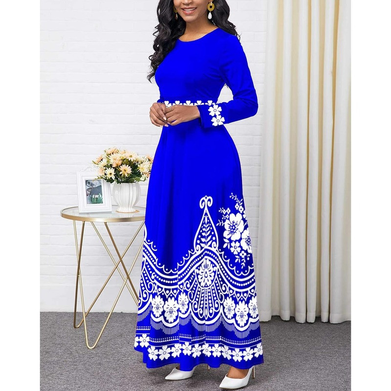 Rochie de epocă cu imprimeu floral în linie A, elegante, cu mâneci lungi, subțire, cu talie înaltă, pentru petrecere de seară, rochii maxi casual de dimensiuni mari