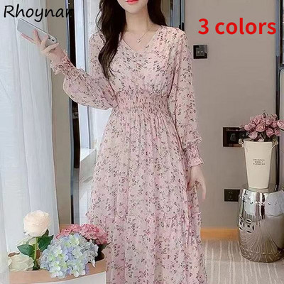 Rochie cu mânecă lungă Femei cu decolteu în V Floral șifon 3 culori Sărbători romantice Fete Dulci All-match Moale A-line Tender Clothing Chic