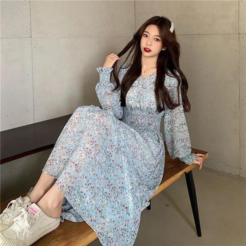 Haljina s dugim rukavima Ženska V-izrez Cvjetni šifon 3 boje Blagdanske romantične djevojke Slatke Višeslojna mekana A kroja Nježna odjeća Chic