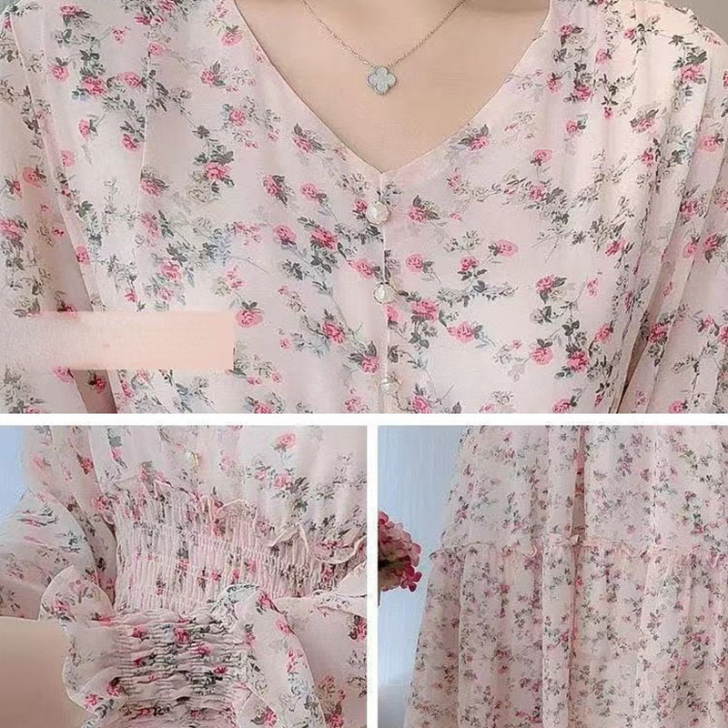 Haljina s dugim rukavima Ženska V-izrez Cvjetni šifon 3 boje Blagdanske romantične djevojke Slatke Višeslojna mekana A kroja Nježna odjeća Chic