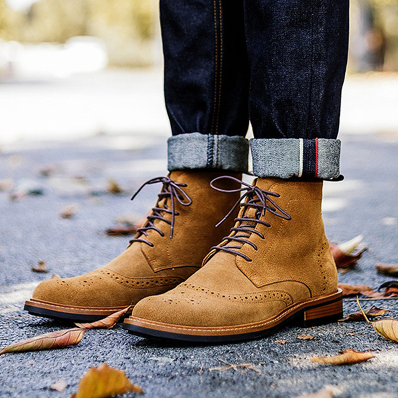 Cizme plate bărbați din piele de căprioară, de lux, din piele naturală, de calitate, sculptată, cu glezne, cu șireturi, botine Chelsea, la modă, la costum social de afaceri, pantofi brogue