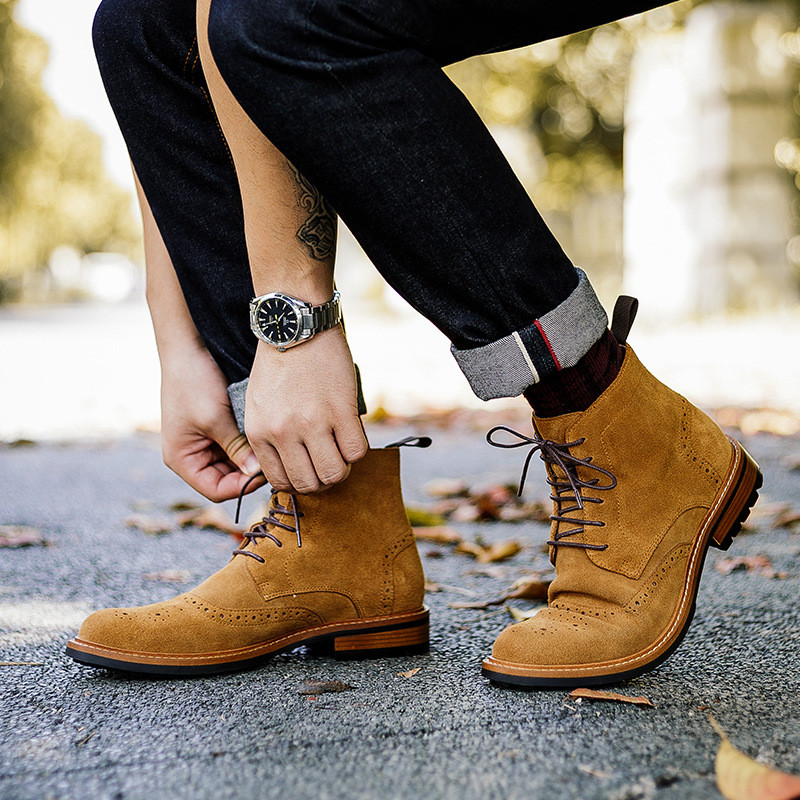 Cizme plate bărbați din piele de căprioară, de lux, din piele naturală, de calitate, sculptată, cu glezne, cu șireturi, botine Chelsea, la modă, la costum social de afaceri, pantofi brogue