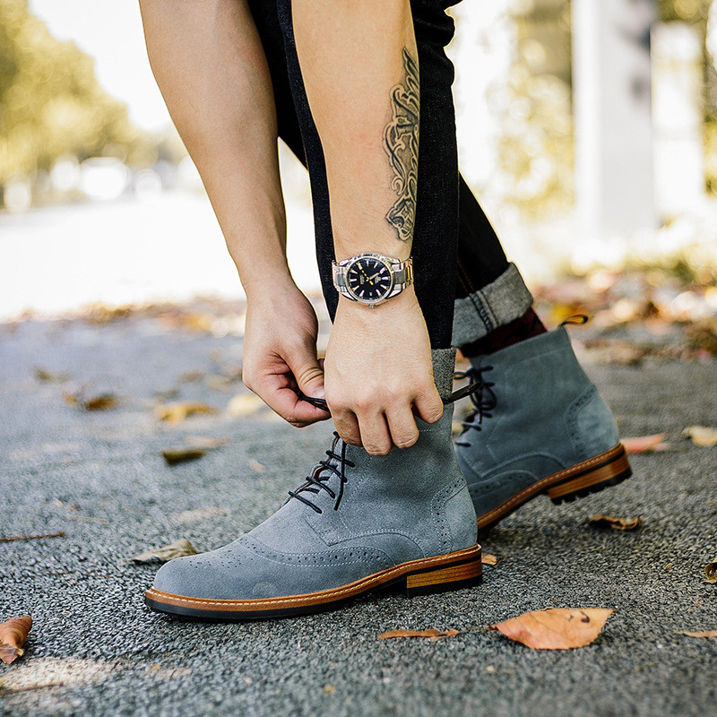 Cizme plate bărbați din piele de căprioară, de lux, din piele naturală, de calitate, sculptată, cu glezne, cu șireturi, botine Chelsea, la modă, la costum social de afaceri, pantofi brogue