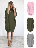 Largi, solide, mâneci lungi, buzunare, ocazional, primăvară, rochii simple pentru femei, gât rotund, toamnă, până la genunchi, modă, timp liber, rochie pentru femei