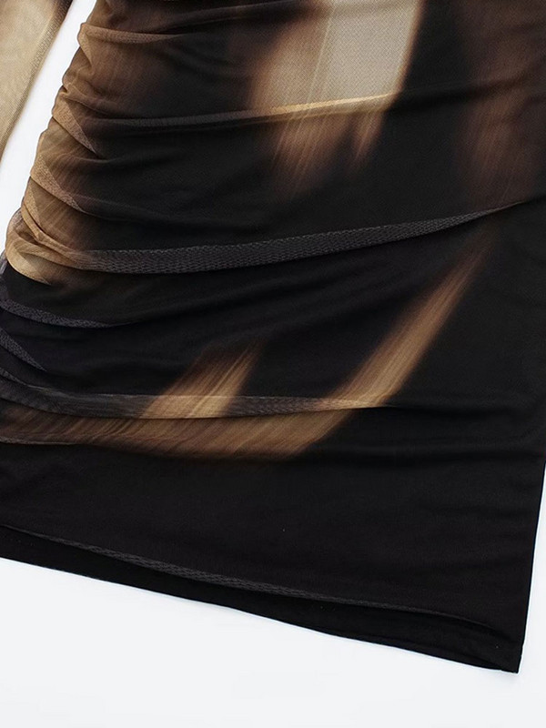 Γυναικεία Μακρυμάνικα Πλισέ Διχτυωτή Γραβάτα Βαφή Μίνι Φορέματα Σέξι στάμπα με λαιμόκοψη Bodycorn Vestidos Γυναικεία Ανοιξιάτικη Μόδα Streetwear