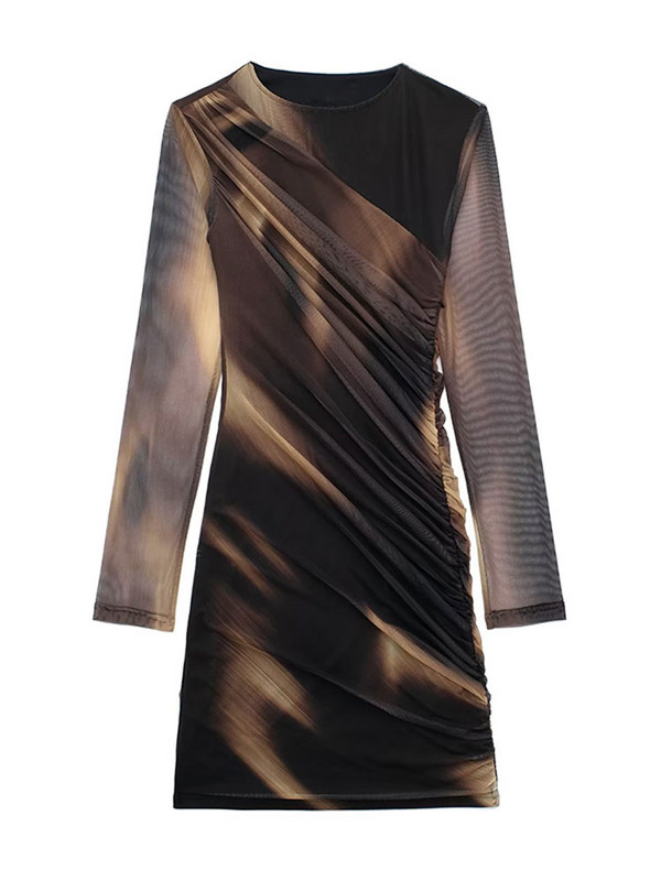 Γυναικεία Μακρυμάνικα Πλισέ Διχτυωτή Γραβάτα Βαφή Μίνι Φορέματα Σέξι στάμπα με λαιμόκοψη Bodycorn Vestidos Γυναικεία Ανοιξιάτικη Μόδα Streetwear