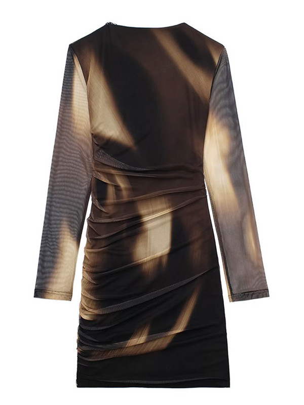 Γυναικεία Μακρυμάνικα Πλισέ Διχτυωτή Γραβάτα Βαφή Μίνι Φορέματα Σέξι στάμπα με λαιμόκοψη Bodycorn Vestidos Γυναικεία Ανοιξιάτικη Μόδα Streetwear