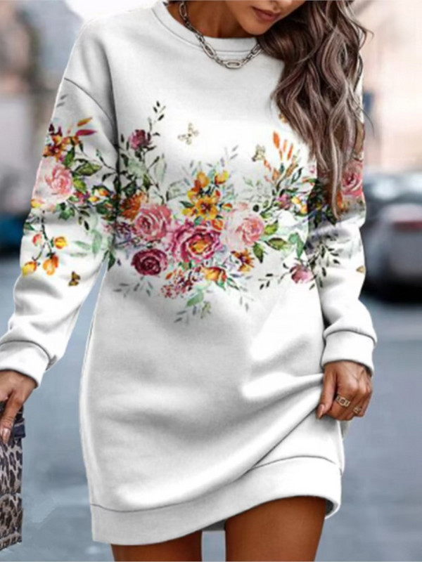 Rudens žiemos mados gėlėmis marginta megztinė suknelė moterims, ilgomis rankovėmis kaklu, laisvalaikio laisvos suknelės Nauja biuro moteriška suknelė