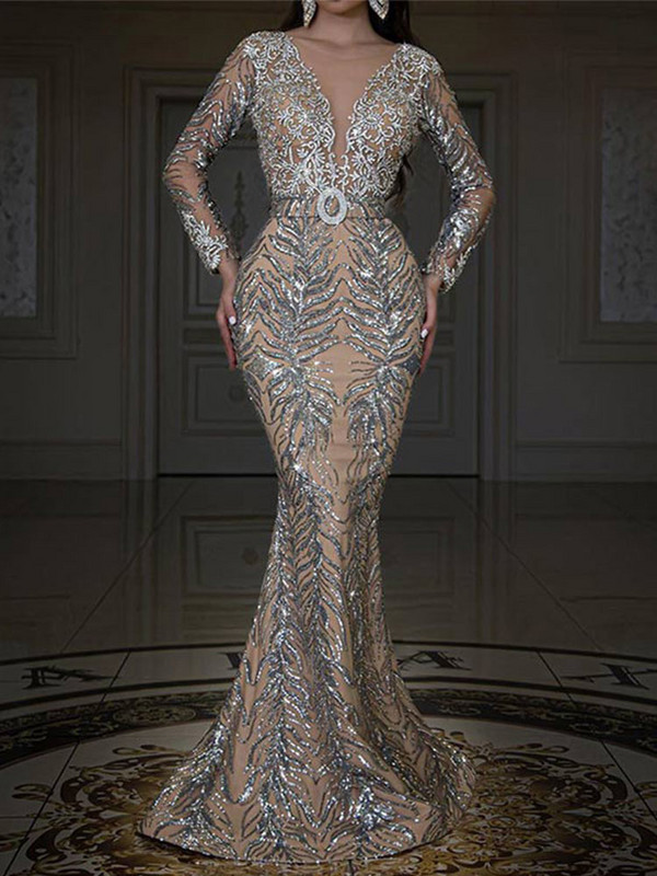 Naiste Soliidne Luksuslik Litritega õhukesed kleidid Seksikad naiste sügava V-kaelusega pikkade varrukatega kehakleit Naiste moodne elegantne peokleit