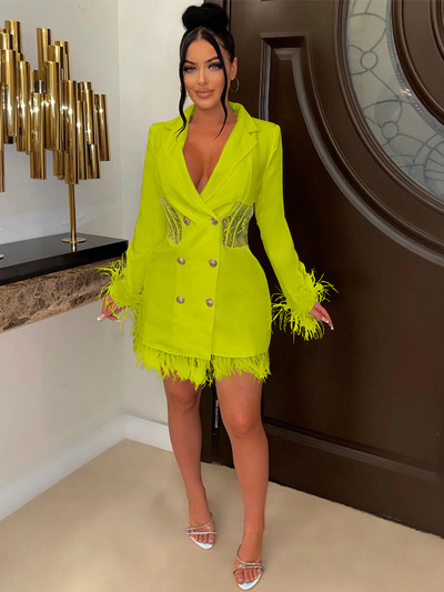 Beyprern Rochie elegantă din dantelă albă cu inserție cu pene, cu mâneci lungi, cu nasturi, corset, rochie blazer, rochii de petrecere, îmbrăcăminte de club sexy