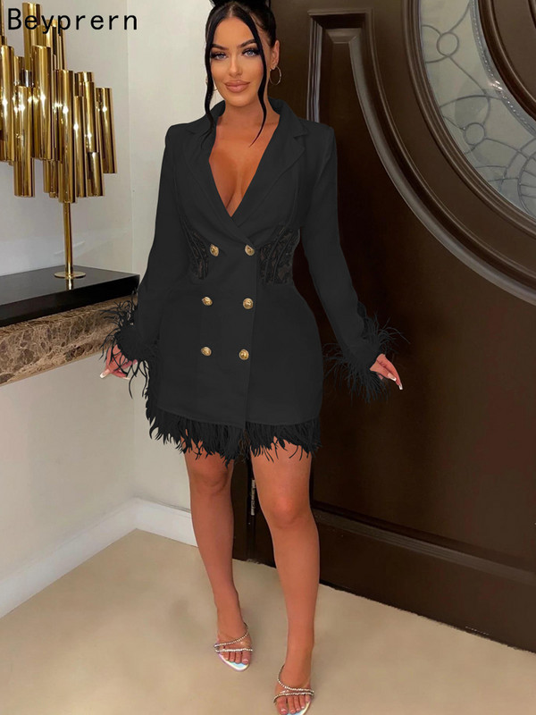 Beyprern Rochie elegantă din dantelă albă cu inserție cu pene, cu mâneci lungi, cu nasturi, corset, rochie blazer, rochii de petrecere, îmbrăcăminte de club sexy