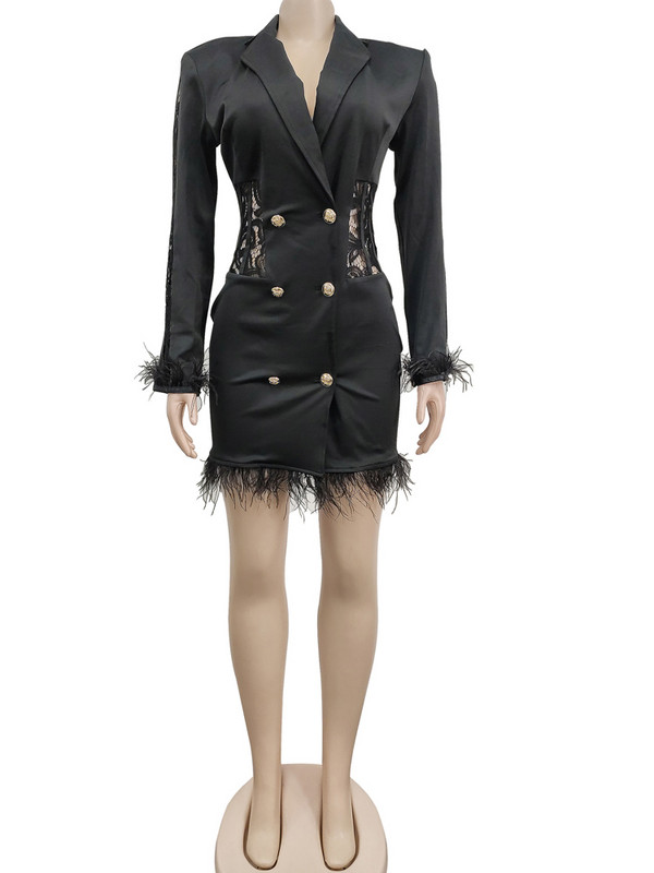 Beyprern Rochie elegantă din dantelă albă cu inserție cu pene, cu mâneci lungi, cu nasturi, corset, rochie blazer, rochii de petrecere, îmbrăcăminte de club sexy