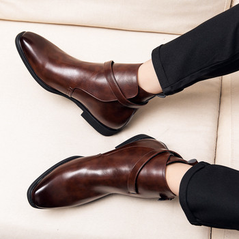 Британски стил Мъжки модни кожени ботуши Ръчно изработени луксозни боти до глезена Офис обувки със странична катарама Мъжки ботуши Челси Плюс размер 38-48