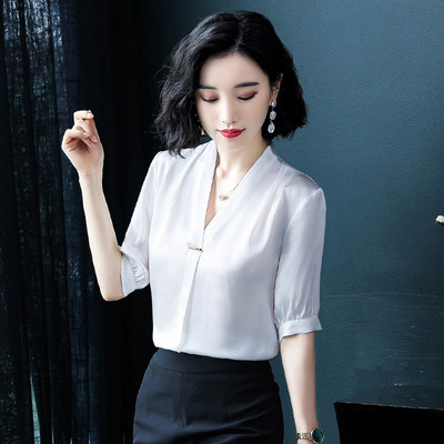 Moteriški šilko marškiniai Moteriški Vasariniai trumpomis rankovėmis V apykakle Biuro moteriškos palaidinės Viršutinės grynos spalvos Kasdieniai madingi darbo drabužiai H9150