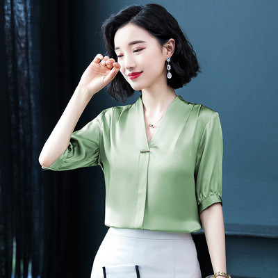 Moteriški šilko marškiniai Moteriški Vasariniai trumpomis rankovėmis V apykakle Biuro moteriškos palaidinės Viršutinės grynos spalvos Kasdieniai madingi darbo drabužiai H9150