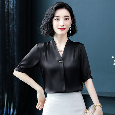 Moteriški šilko marškiniai Moteriški Vasariniai trumpomis rankovėmis V apykakle Biuro moteriškos palaidinės Viršutinės grynos spalvos Kasdieniai madingi darbo drabužiai H9150