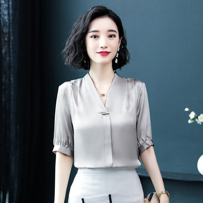Moteriški šilko marškiniai Moteriški Vasariniai trumpomis rankovėmis V apykakle Biuro moteriškos palaidinės Viršutinės grynos spalvos Kasdieniai madingi darbo drabužiai H9150