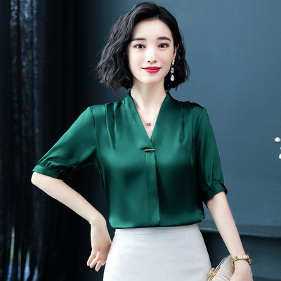 Moteriški šilko marškiniai Moteriški Vasariniai trumpomis rankovėmis V apykakle Biuro moteriškos palaidinės Viršutinės grynos spalvos Kasdieniai madingi darbo drabužiai H9150