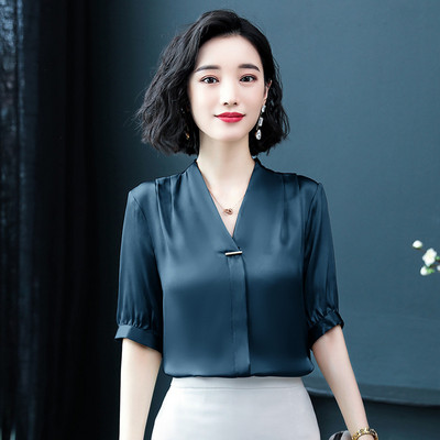 Moteriški šilko marškiniai Moteriški Vasariniai trumpomis rankovėmis V apykakle Biuro moteriškos palaidinės Viršutinės grynos spalvos Kasdieniai madingi darbo drabužiai H9150
