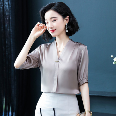 Moteriški šilko marškiniai Moteriški Vasariniai trumpomis rankovėmis V apykakle Biuro moteriškos palaidinės Viršutinės grynos spalvos Kasdieniai madingi darbo drabužiai H9150