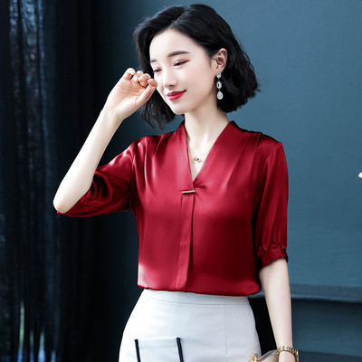 Moteriški šilko marškiniai Moteriški Vasariniai trumpomis rankovėmis V apykakle Biuro moteriškos palaidinės Viršutinės grynos spalvos Kasdieniai madingi darbo drabužiai H9150