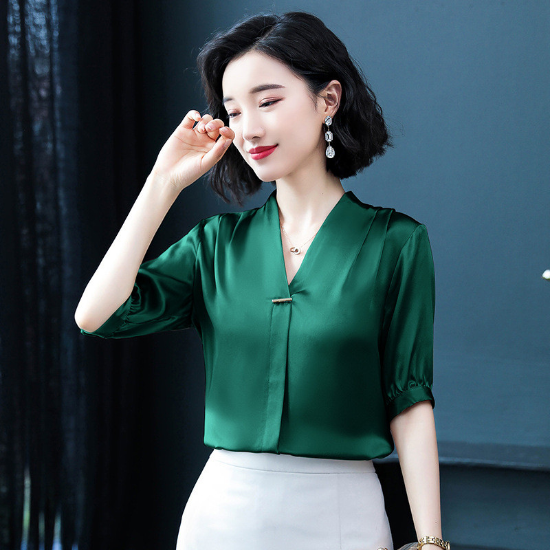 Moteriški šilko marškiniai Moteriški Vasariniai trumpomis rankovėmis V apykakle Biuro moteriškos palaidinės Viršutinės grynos spalvos Kasdieniai madingi darbo drabužiai H9150