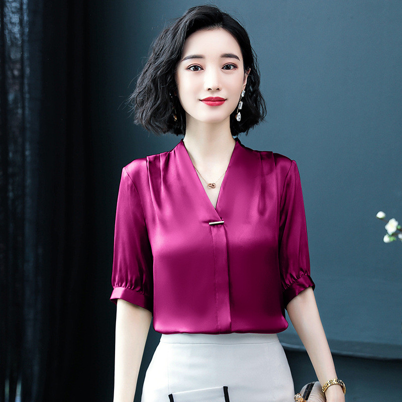 Moteriški šilko marškiniai Moteriški Vasariniai trumpomis rankovėmis V apykakle Biuro moteriškos palaidinės Viršutinės grynos spalvos Kasdieniai madingi darbo drabužiai H9150