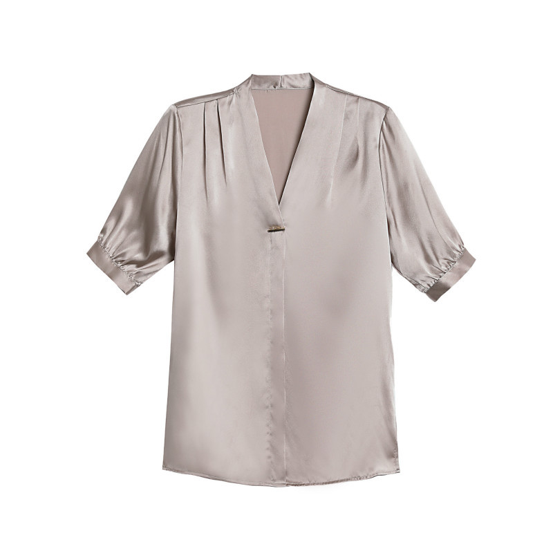 Moteriški šilko marškiniai Moteriški Vasariniai trumpomis rankovėmis V apykakle Biuro moteriškos palaidinės Viršutinės grynos spalvos Kasdieniai madingi darbo drabužiai H9150