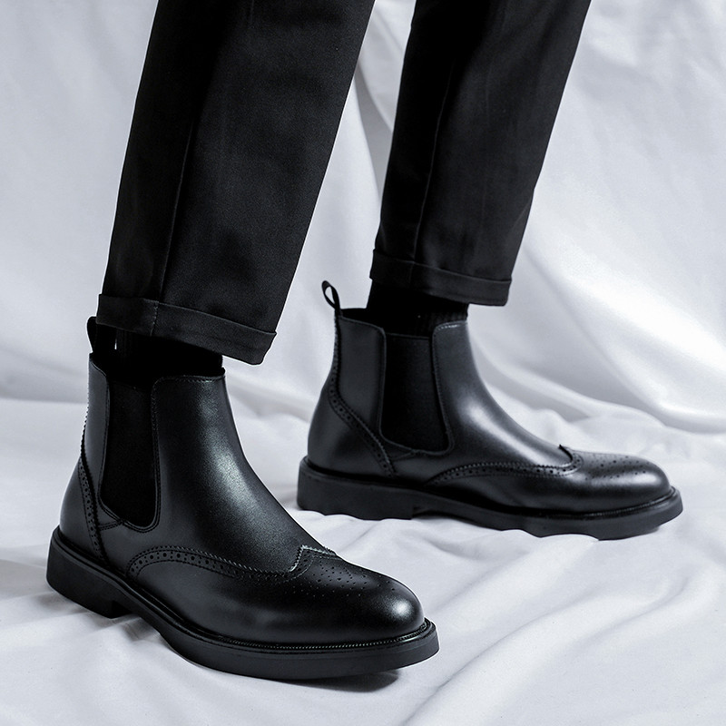 Ανδρικές μπότες Brogue Wedding Party Short Slip on Ankle Casual Vintage Classics ρετρό δερμάτινες μπότες