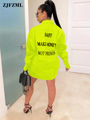 Rochie bluză cu imprimeu cu litere verde fluorescent pentru femei, sexy, cu guler răsturnat, rochie cămașă cu mânecă lungă, cu nasturi în sus Rochii largi