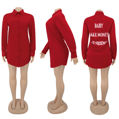 Rochie bluză cu imprimeu cu litere verde fluorescent pentru femei, sexy, cu guler răsturnat, rochie cămașă cu mânecă lungă, cu nasturi în sus Rochii largi