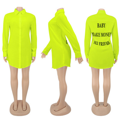 Rochie bluză cu imprimeu cu litere verde fluorescent pentru femei, sexy, cu guler răsturnat, rochie cămașă cu mânecă lungă, cu nasturi în sus Rochii largi