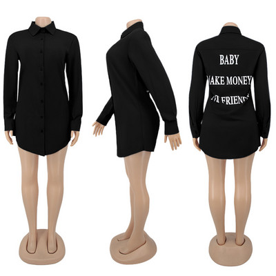 Rochie bluză cu imprimeu cu litere verde fluorescent pentru femei, sexy, cu guler răsturnat, rochie cămașă cu mânecă lungă, cu nasturi în sus Rochii largi