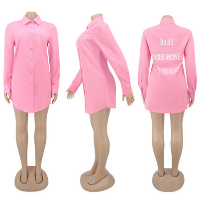 Rochie bluză cu imprimeu cu litere verde fluorescent pentru femei, sexy, cu guler răsturnat, rochie cămașă cu mânecă lungă, cu nasturi în sus Rochii largi