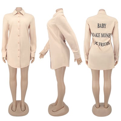 Rochie bluză cu imprimeu cu litere verde fluorescent pentru femei, sexy, cu guler răsturnat, rochie cămașă cu mânecă lungă, cu nasturi în sus Rochii largi