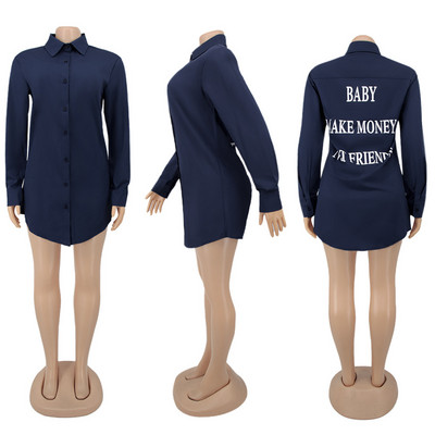 Rochie bluză cu imprimeu cu litere verde fluorescent pentru femei, sexy, cu guler răsturnat, rochie cămașă cu mânecă lungă, cu nasturi în sus Rochii largi