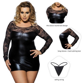 Μεγάλο μέγεθος 7XL Γυναικείο σέξι φόρεμα Bodycon με στρογγυλή λαιμόκοψη Μακρυμάνικο ανοιχτό πίσω Wet look Clubwear Κοντό Splice Δερμάτινο Babydoll