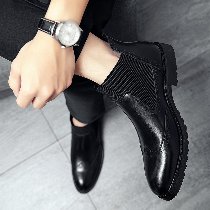 Cizme casual din piele cu bandă elastică pentru bărbați Cizme brogue de lux pantofi de afaceri la modă de iarnă Cizme Chelsea înalte pentru bărbați
