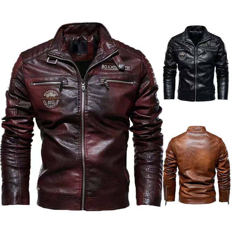 Jachetă din piele PU pentru motocicletă, îmbrăcăminte de marcă pentru bărbați, haină fleece de iarnă, pentru bărbați, guler cu picioare, hanorac casual, cu fermoar