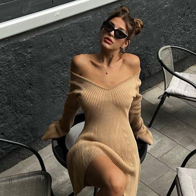 Jednobojna pletena ženska mini haljina s V-izrezom i dugim rukavima, seksi, bez leđa, visokog struka, jesenska, elegantna pletena odjeća za zabave Chi Casual Vestidos