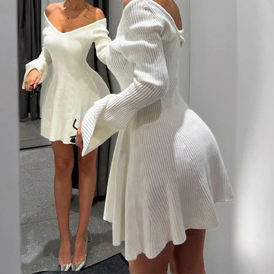 Jednobojna pletena ženska mini haljina s V-izrezom i dugim rukavima, seksi, bez leđa, visokog struka, jesenska, elegantna pletena odjeća za zabave Chi Casual Vestidos