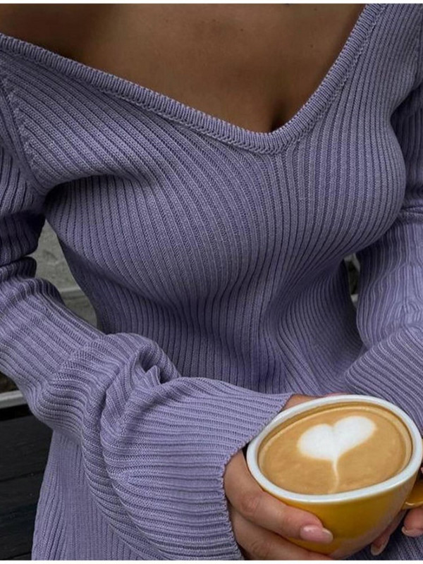 Jednobojna pletena ženska mini haljina s V-izrezom i dugim rukavima, seksi, bez leđa, visokog struka, jesenska, elegantna pletena odjeća za zabave Chi Casual Vestidos