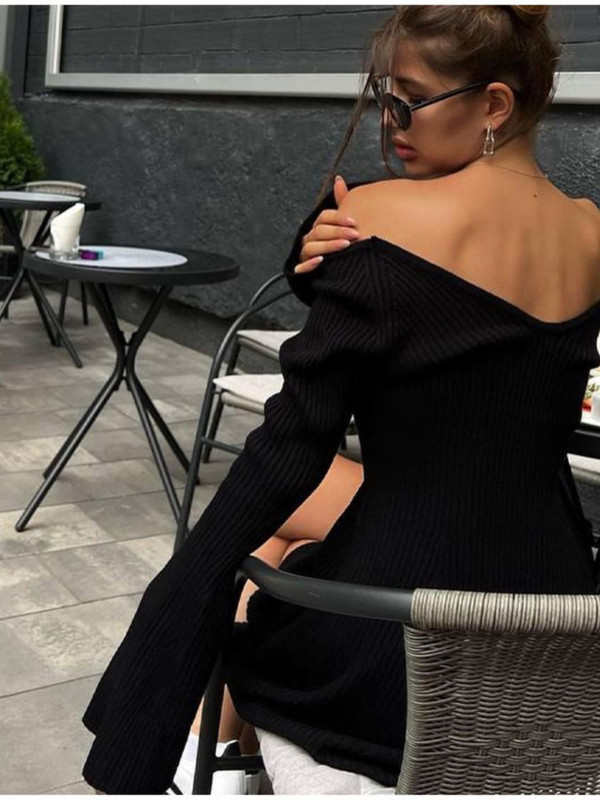 Jednobojna pletena ženska mini haljina s V-izrezom i dugim rukavima, seksi, bez leđa, visokog struka, jesenska, elegantna pletena odjeća za zabave Chi Casual Vestidos
