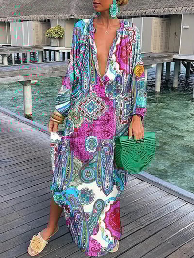 Rochii lungi boho supradimensionate femei elegante retro Harajuku cu mâneci lungi cu decolteu în V Rochie maxi cu imprimeu lejer lejer Rochie boemă de plajă