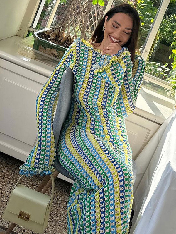 Rochie cu mânecă lungă cu mânecă lungă, fără spate, contrast, elegante, cu decolteu în formă de rochie, lejer, rochii 2023, la modă, sexy, de vacanță