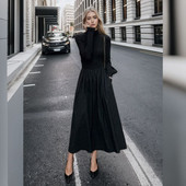 Rochie de toamnă în stil coreean cu gât înalt Rochie midi pliată elegantă femei elegantă cu mânecă lungă pentru navetă, simplă, subțire, rochie de lucru de birou