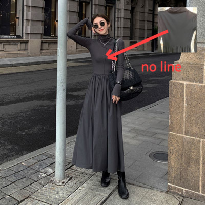 Rochie de toamnă în stil coreean cu gât înalt Rochie midi pliată elegantă femei elegantă cu mânecă lungă pentru navetă, simplă, subțire, rochie de lucru de birou