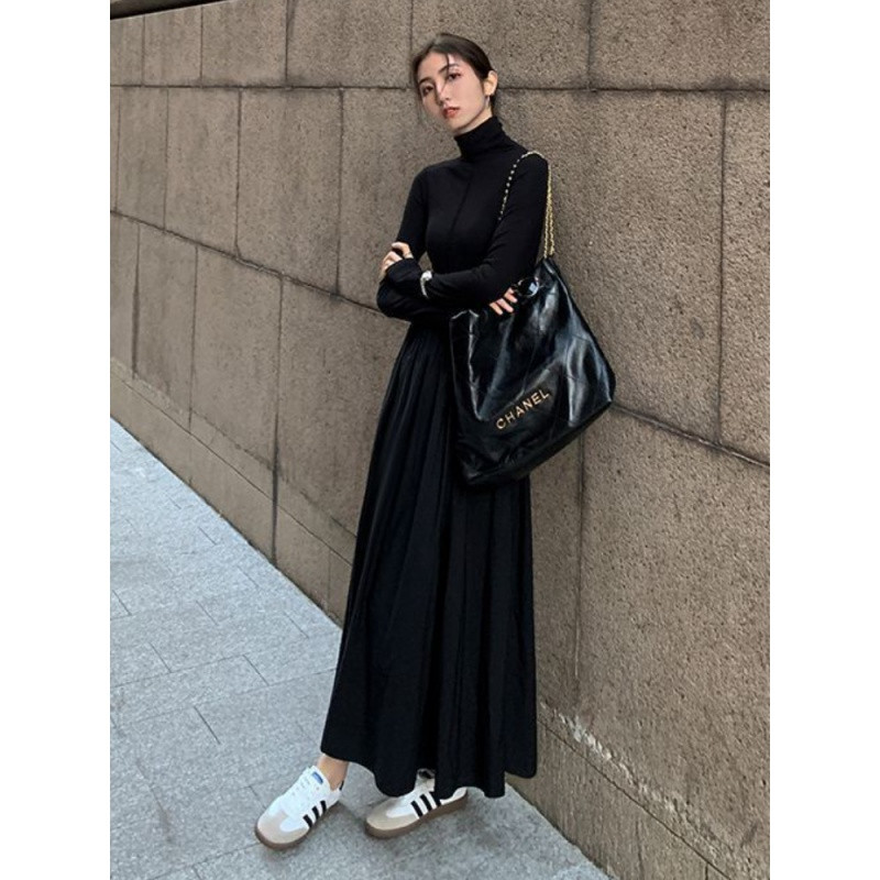 Rochie de toamnă în stil coreean cu gât înalt Rochie midi pliată elegantă femei elegantă cu mânecă lungă pentru navetă, simplă, subțire, rochie de lucru de birou