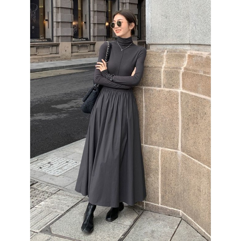 Rochie de toamnă în stil coreean cu gât înalt Rochie midi pliată elegantă femei elegantă cu mânecă lungă pentru navetă, simplă, subțire, rochie de lucru de birou