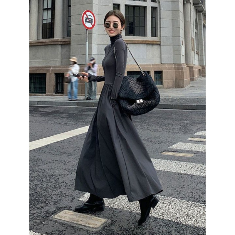 Rochie de toamnă în stil coreean cu gât înalt Rochie midi pliată elegantă femei elegantă cu mânecă lungă pentru navetă, simplă, subțire, rochie de lucru de birou